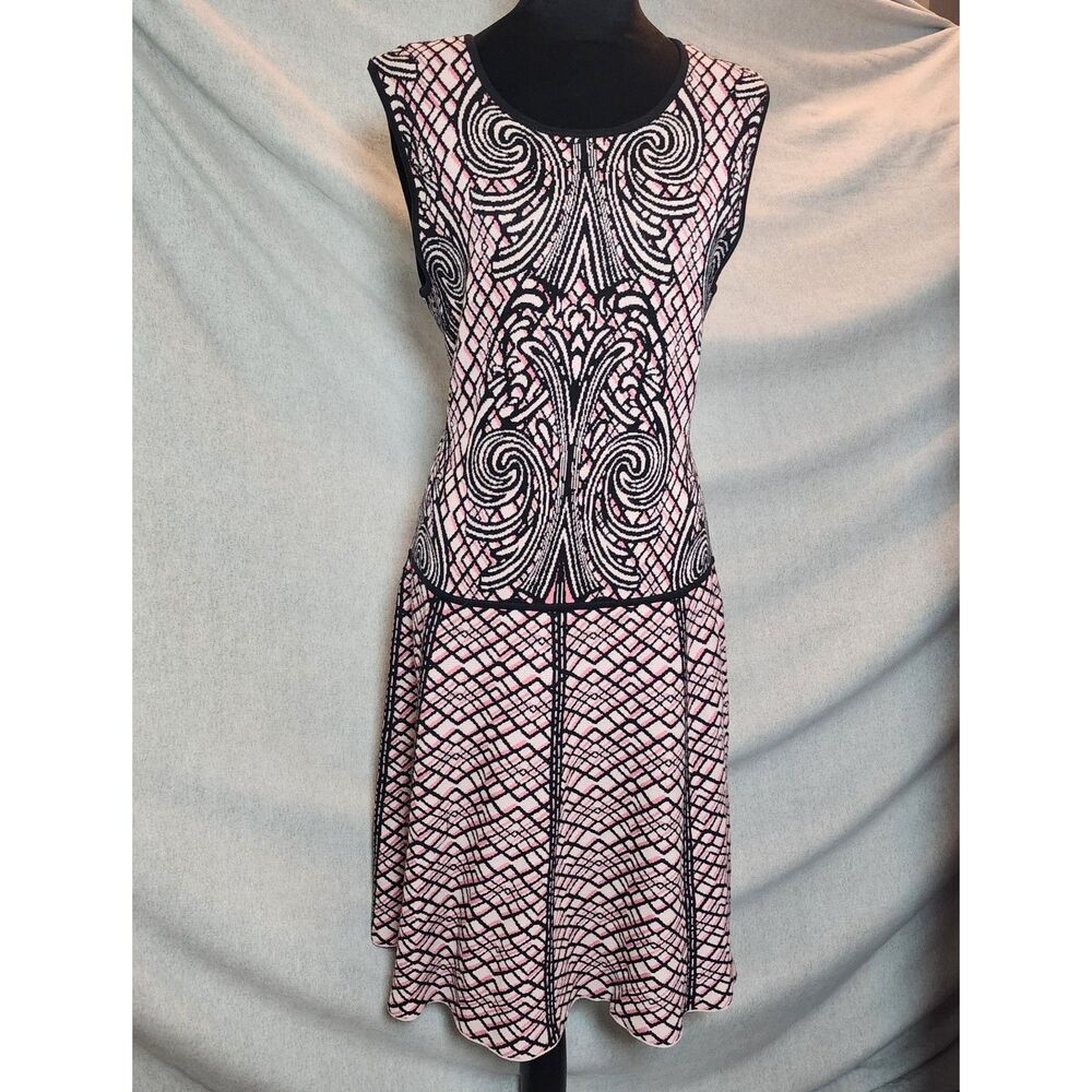 BCBG MAXAZRIA Pink Black Jacquard Scroll Fit & Flare Skater Sweater Dress Size M